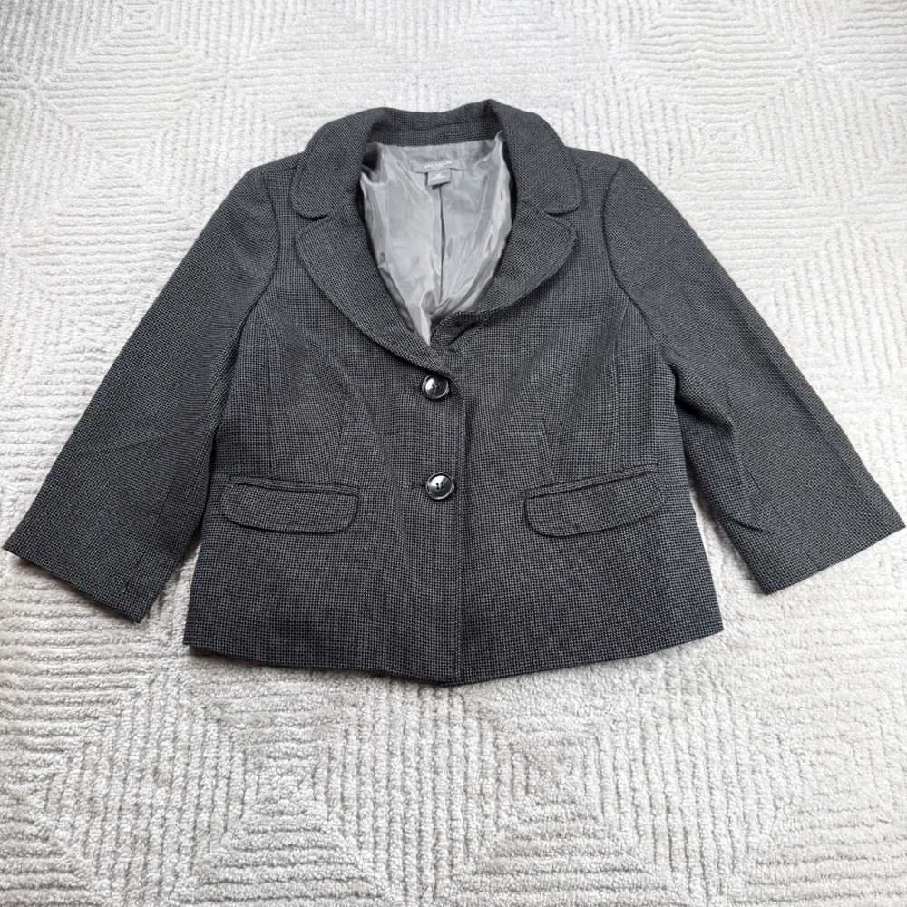 Ann Taylor Blazer Women 12P Grey Micro Check Peplum Career Jacket Academia Work